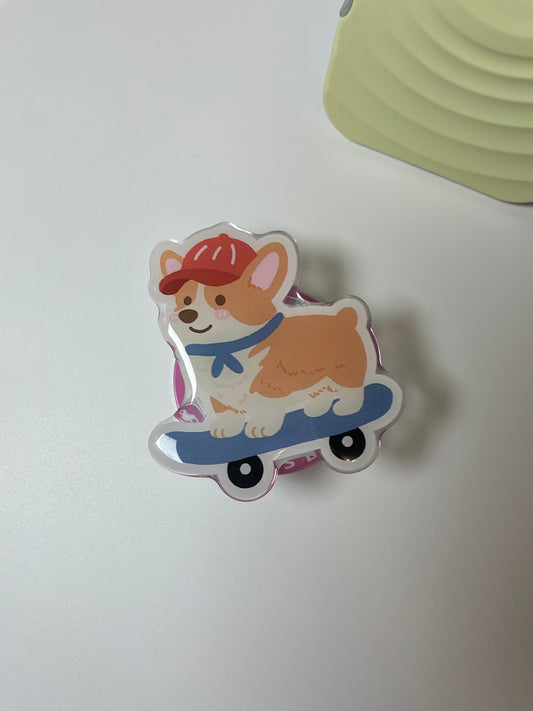 On a skateboard – Corgi Adventures Magnetic Phone Grip and Stand