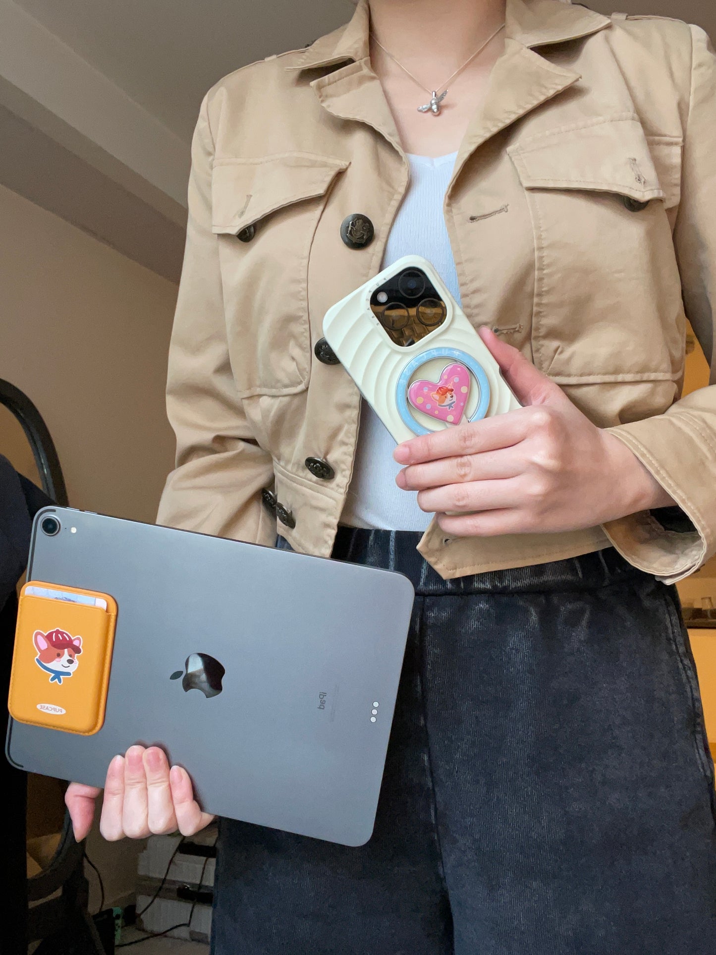 MagSafe Heart Phone Grip – Cute Corgi Dog with Stainless Steel Ring Stand