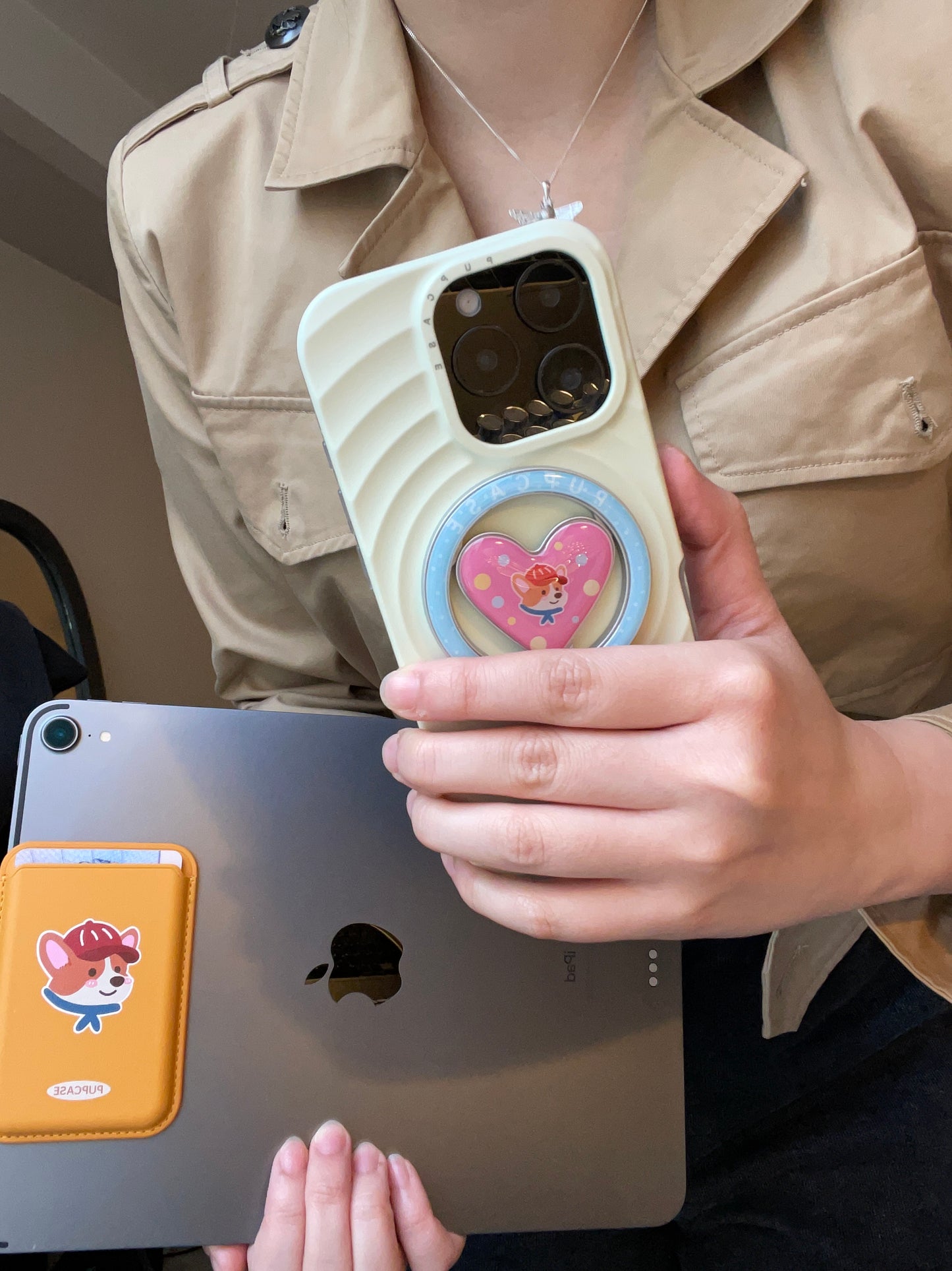 MagSafe Heart Phone Grip – Cute Corgi Dog with Stainless Steel Ring Stand