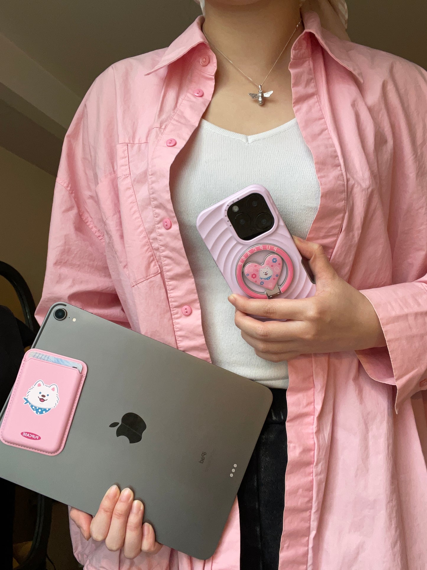 MagSafe Heart Phone Grip – Cute Samoyed Dog with Stainless Steel Ring Stand