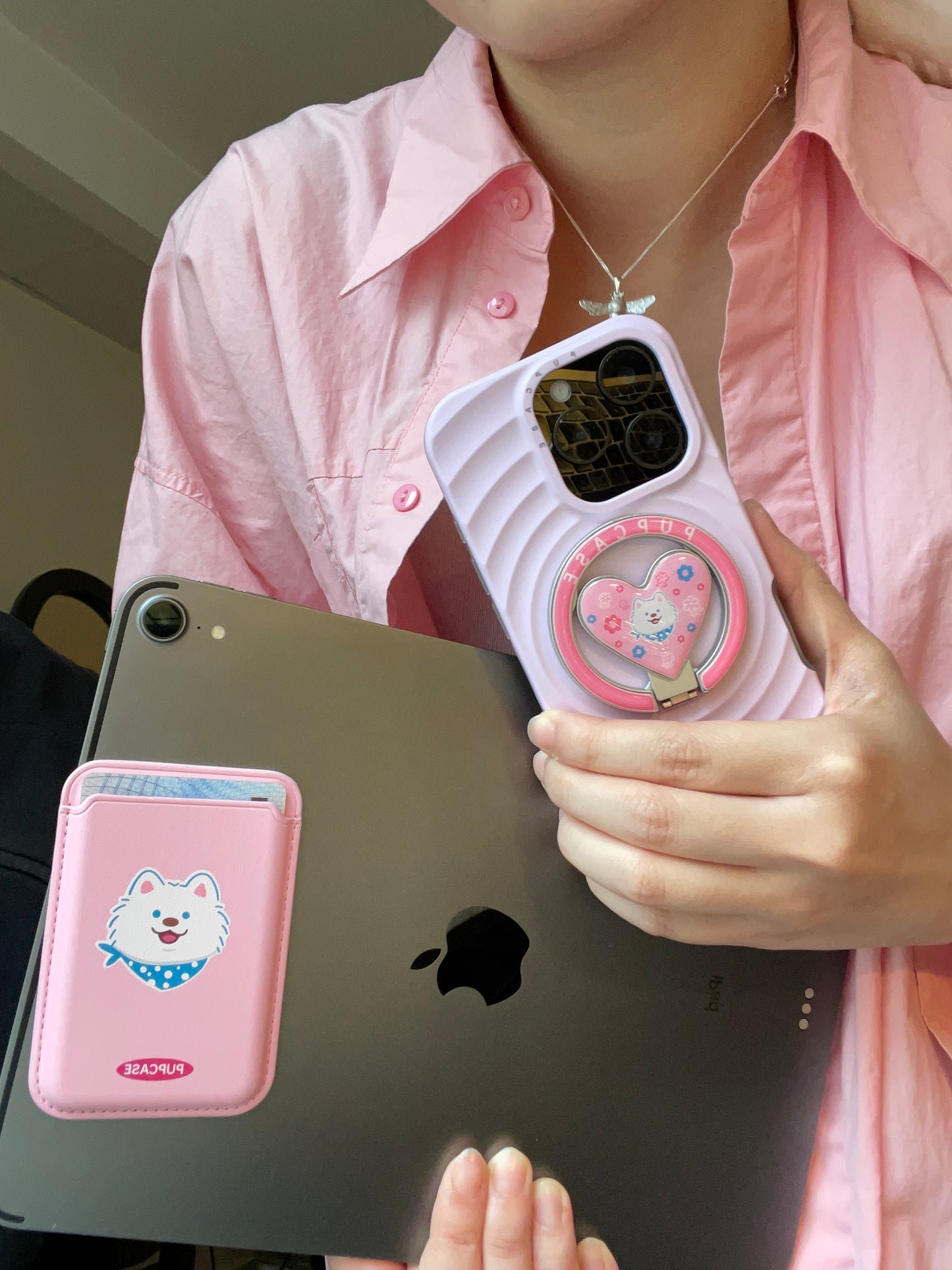 MagSafe Heart Phone Grip – Cute Samoyed Dog with Stainless Steel Ring Stand